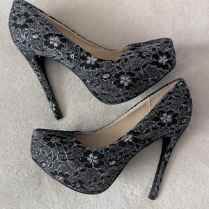 Black Lace Metallic Platform Heels